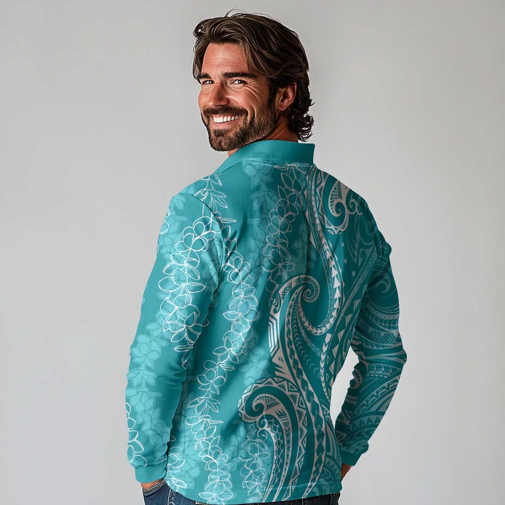 Polynesia Plumeria Lei Long Sleeve Polo Shirt Teal Curves Motif
