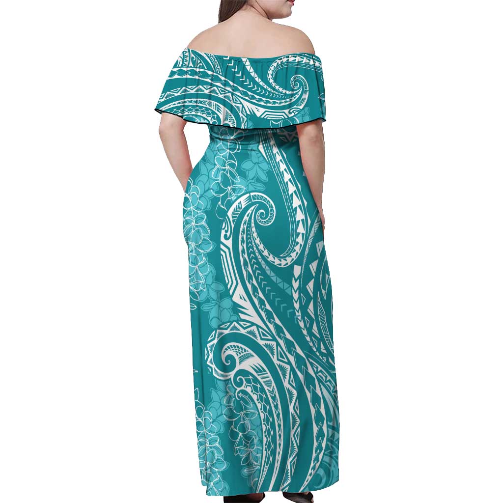 Polynesia Plumeria Lei Off Shoulder Maxi Dress Teal Curves Motif