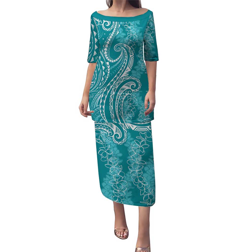 Polynesia Plumeria Lei Puletasi Teal Curves Motif