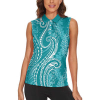 Polynesia Plumeria Lei Women Sleeveless Polo Shirt Teal Curves Motif