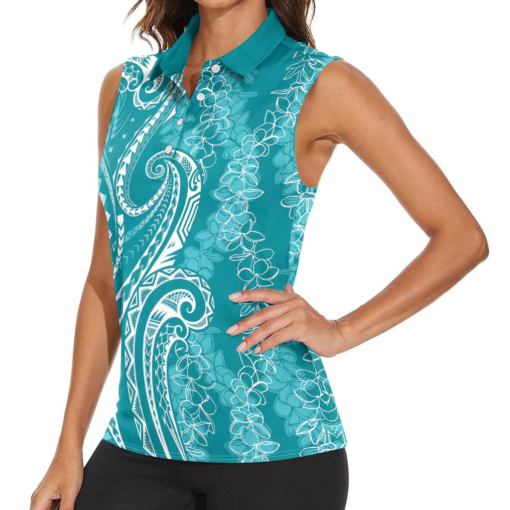 Polynesia Plumeria Lei Women Sleeveless Polo Shirt Teal Curves Motif