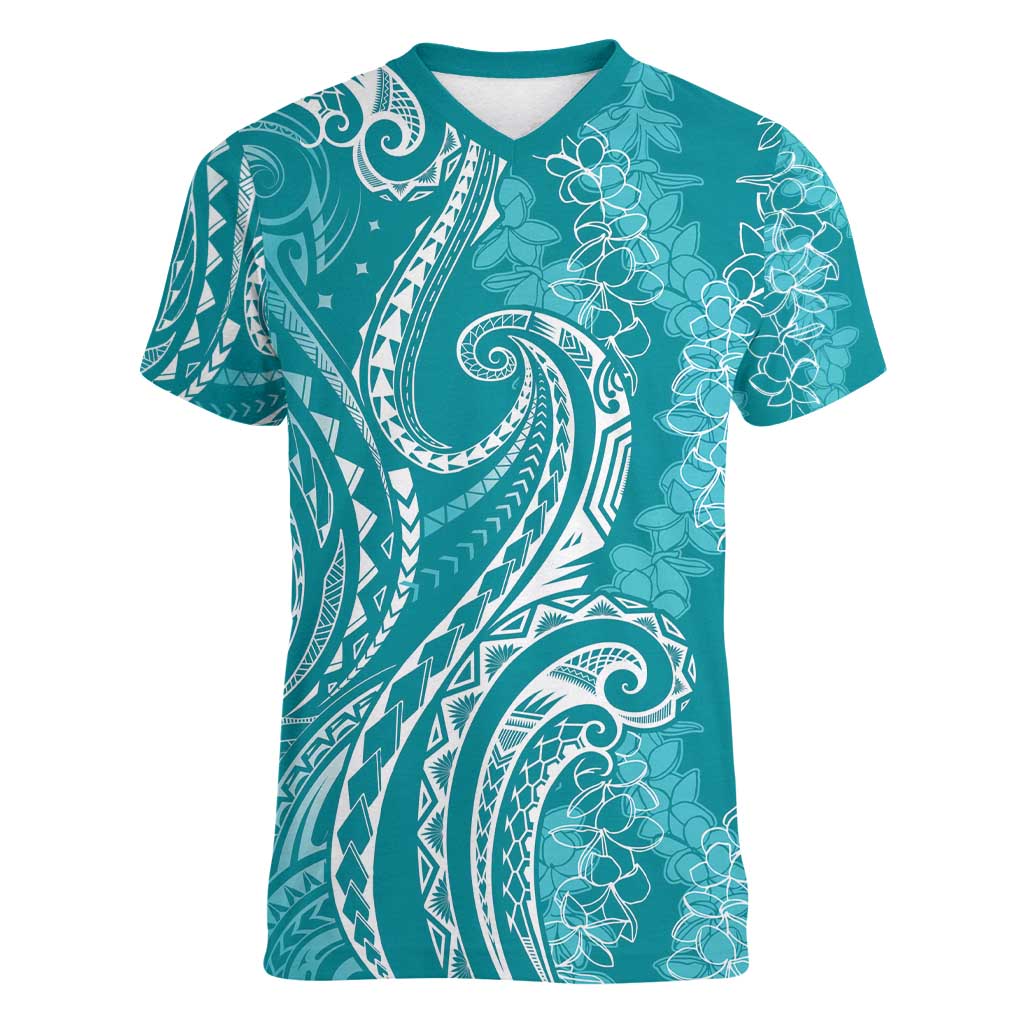 Polynesia Plumeria Lei Women V-Neck T-Shirt Teal Curves Motif