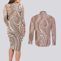 Polynesia Plumeria Lei Couples Matching Long Sleeve Bodycon Dress and Long Sleeve Button Shirt Beige Curves Motif