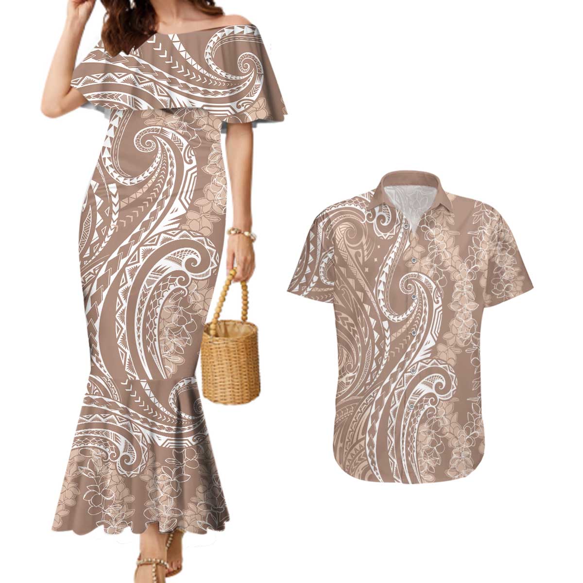 Polynesia Plumeria Lei Couples Matching Mermaid Dress and Hawaiian Shirt Beige Curves Motif