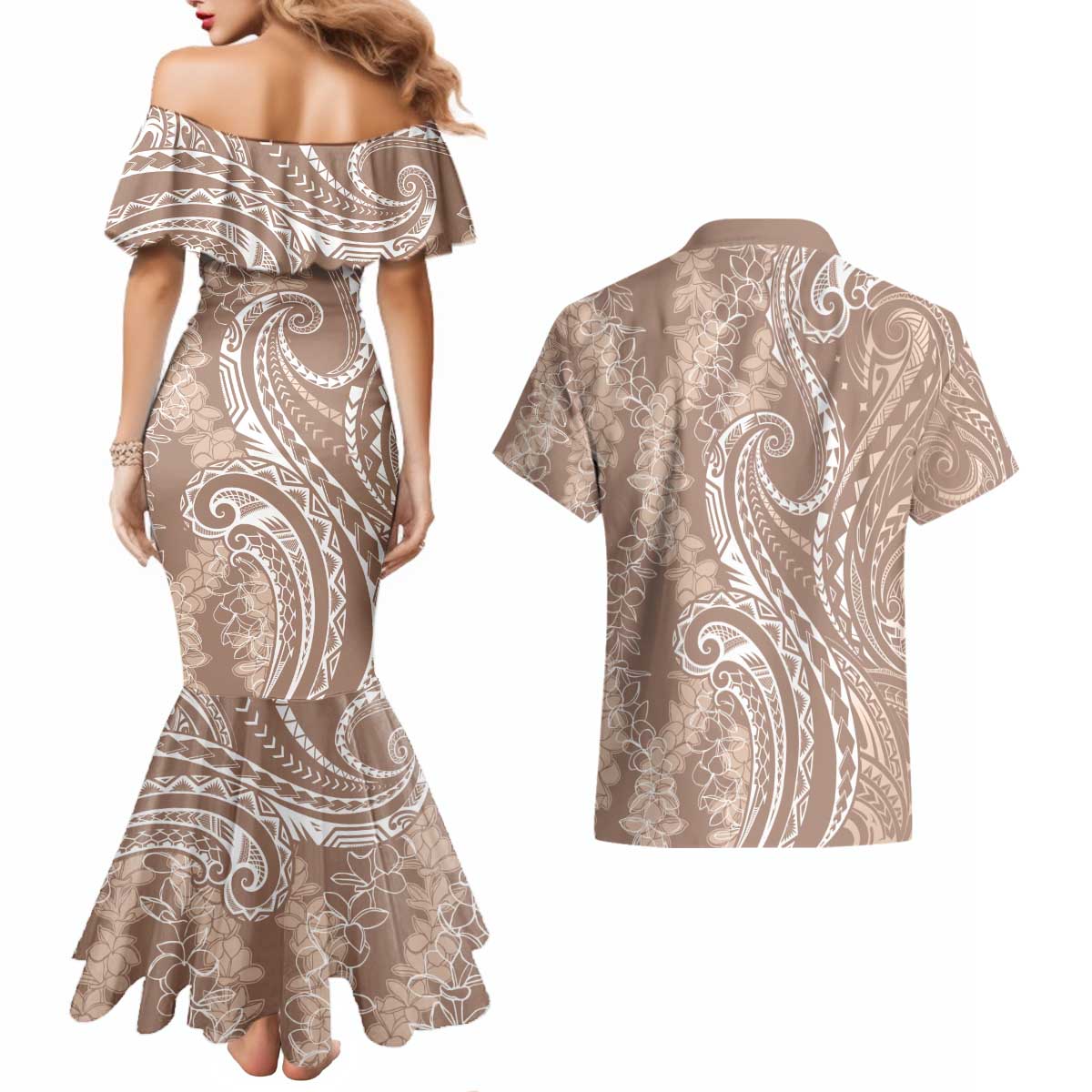 Polynesia Plumeria Lei Couples Matching Mermaid Dress and Hawaiian Shirt Beige Curves Motif