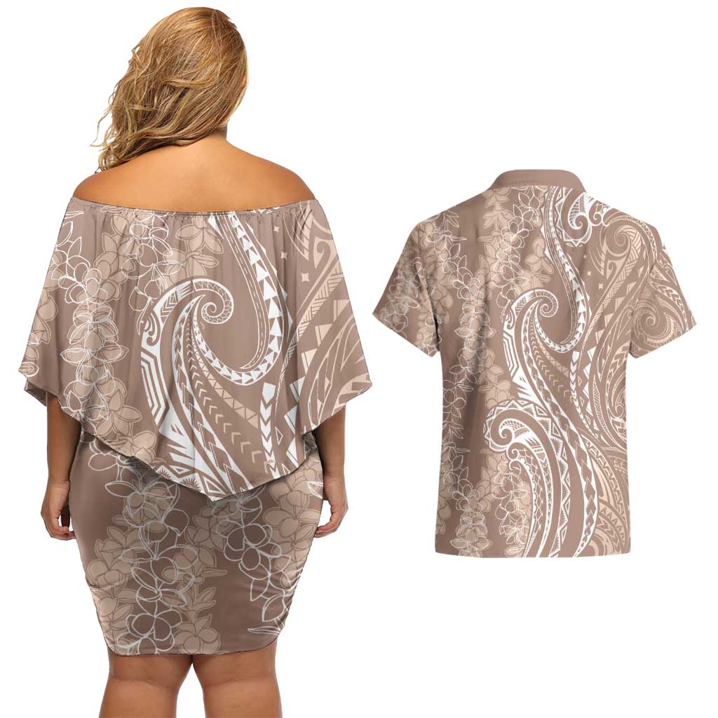 Polynesia Plumeria Lei Couples Matching Off Shoulder Short Dress and Hawaiian Shirt Beige Curves Motif