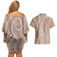 Polynesia Plumeria Lei Couples Matching Off Shoulder Short Dress and Hawaiian Shirt Beige Curves Motif