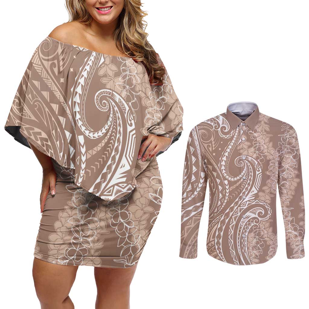 Polynesia Plumeria Lei Couples Matching Off Shoulder Short Dress and Long Sleeve Button Shirt Beige Curves Motif