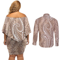 Polynesia Plumeria Lei Couples Matching Off Shoulder Short Dress and Long Sleeve Button Shirt Beige Curves Motif