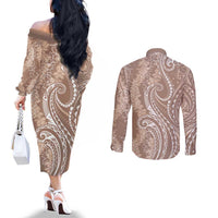 Polynesia Plumeria Lei Couples Matching Off The Shoulder Long Sleeve Dress and Long Sleeve Button Shirt Beige Curves Motif