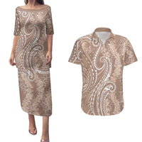 Polynesia Plumeria Lei Couples Matching Puletasi and Hawaiian Shirt Beige Curves Motif