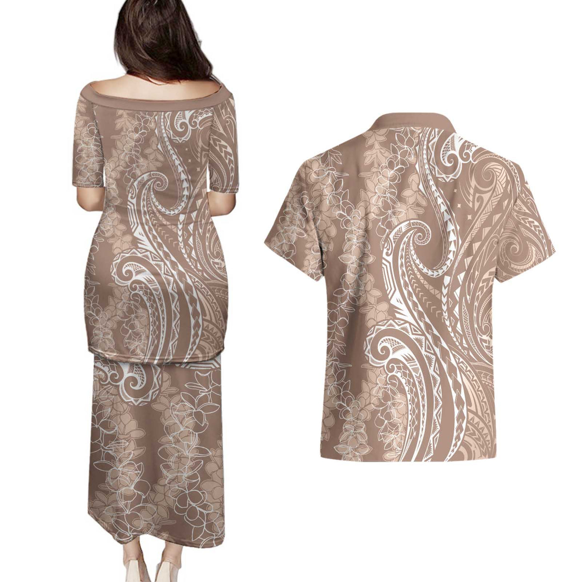 Polynesia Plumeria Lei Couples Matching Puletasi and Hawaiian Shirt Beige Curves Motif