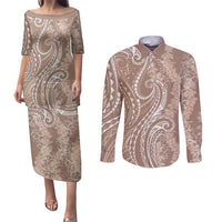 Polynesia Plumeria Lei Couples Matching Puletasi and Long Sleeve Button Shirt Beige Curves Motif