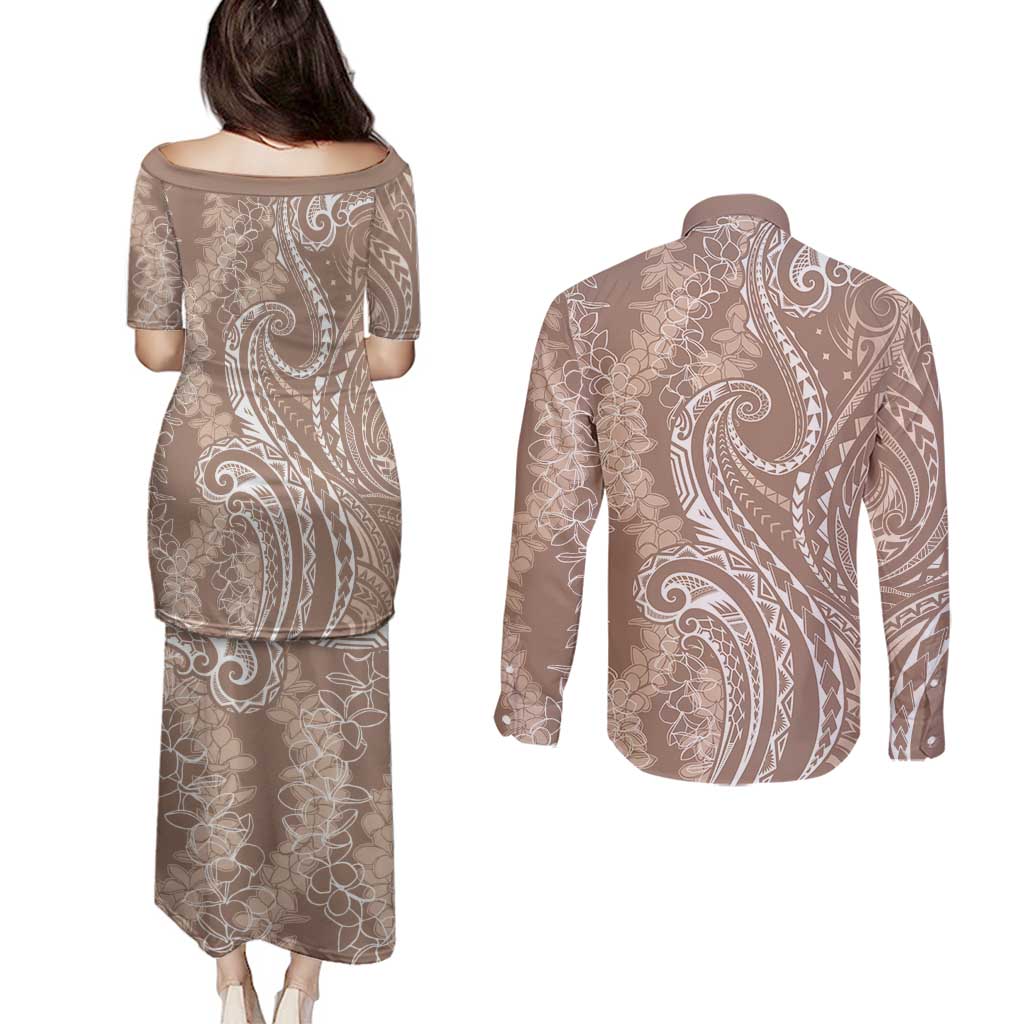 Polynesia Plumeria Lei Couples Matching Puletasi and Long Sleeve Button Shirt Beige Curves Motif