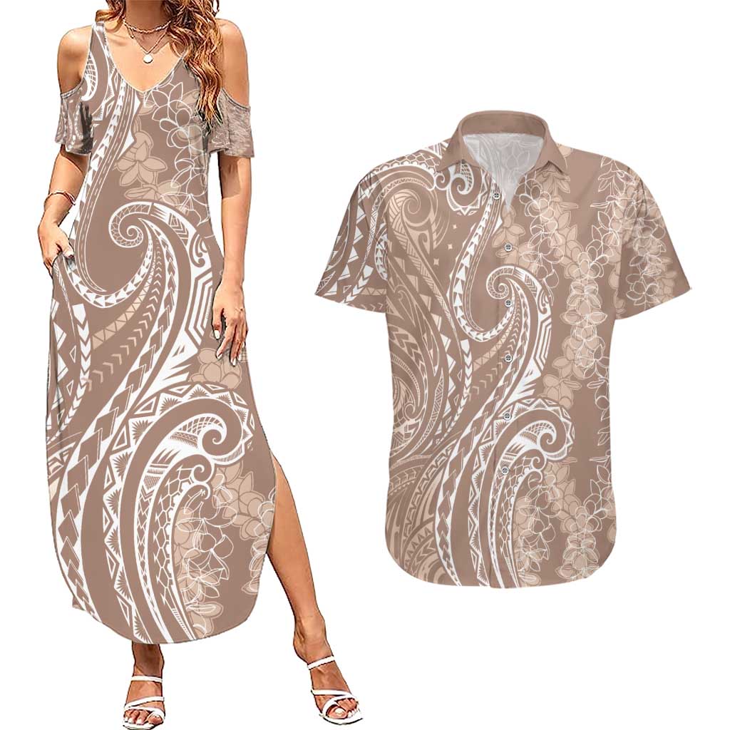 Polynesia Plumeria Lei Couples Matching Summer Maxi Dress and Hawaiian Shirt Beige Curves Motif