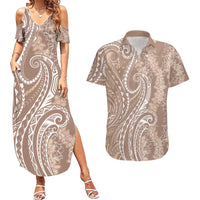Polynesia Plumeria Lei Couples Matching Summer Maxi Dress and Hawaiian Shirt Beige Curves Motif