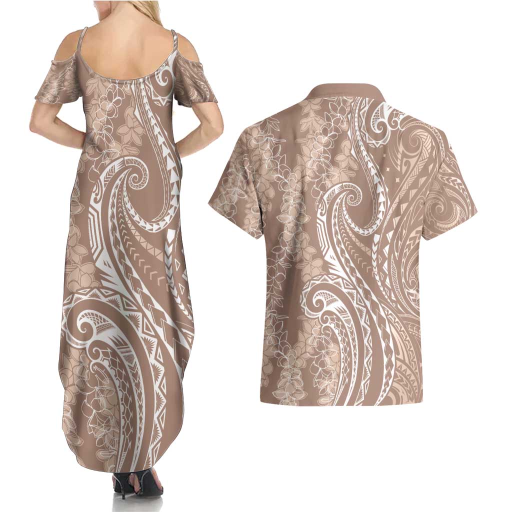 Polynesia Plumeria Lei Couples Matching Summer Maxi Dress and Hawaiian Shirt Beige Curves Motif