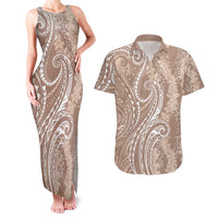 Polynesia Plumeria Lei Couples Matching Tank Maxi Dress and Hawaiian Shirt Beige Curves Motif