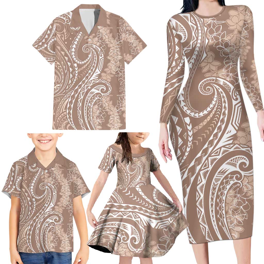 Polynesia Plumeria Lei Family Matching Long Sleeve Bodycon Dress and Hawaiian Shirt Beige Curves Motif LT7 - Polynesian Pride