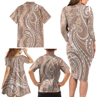 Polynesia Plumeria Lei Family Matching Long Sleeve Bodycon Dress and Hawaiian Shirt Beige Curves Motif LT7 - Polynesian Pride