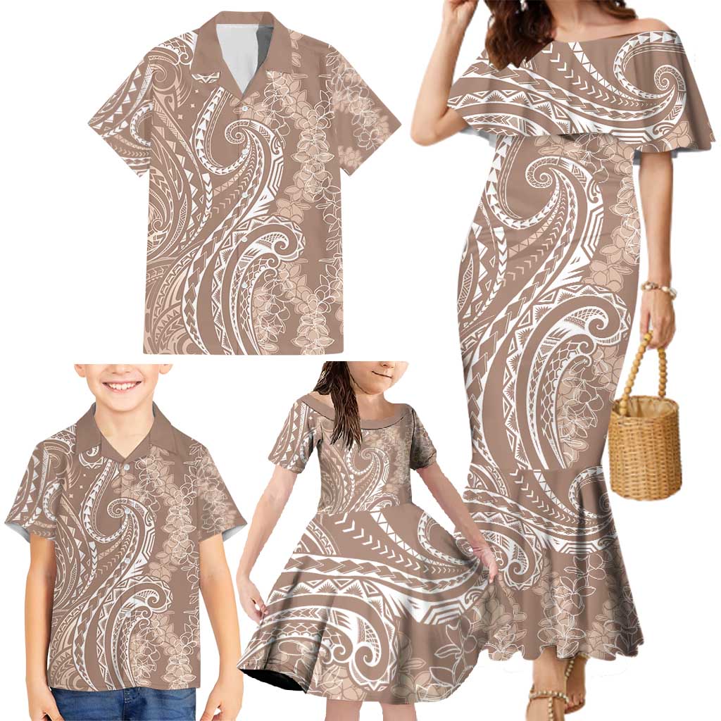 Polynesia Plumeria Lei Family Matching Mermaid Dress and Hawaiian Shirt Beige Curves Motif LT7 - Polynesian Pride