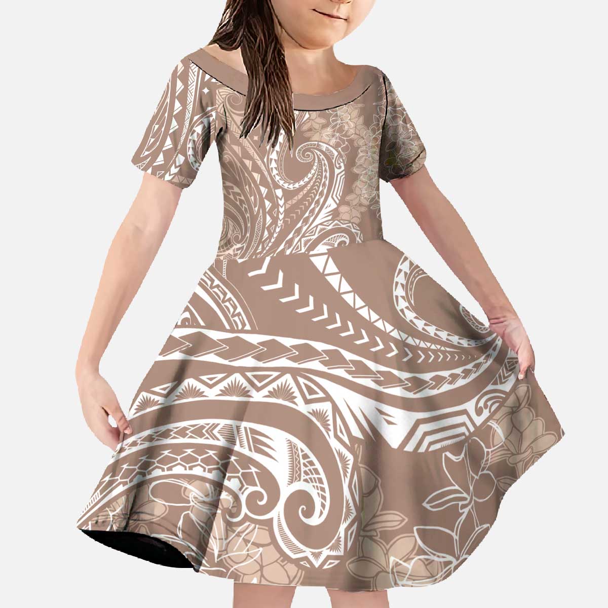 Polynesia Plumeria Lei Family Matching Off The Shoulder Long Sleeve Dress and Hawaiian Shirt Beige Curves Motif LT7 Daughter's Dress Beige - Polynesian Pride