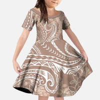 Polynesia Plumeria Lei Family Matching Off The Shoulder Long Sleeve Dress and Hawaiian Shirt Beige Curves Motif LT7 Daughter's Dress Beige - Polynesian Pride