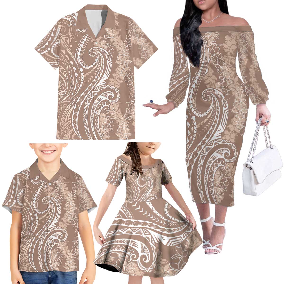 Polynesia Plumeria Lei Family Matching Off The Shoulder Long Sleeve Dress and Hawaiian Shirt Beige Curves Motif LT7 - Polynesian Pride