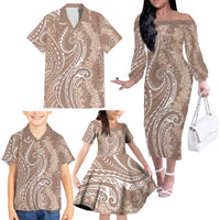 Polynesia Plumeria Lei Family Matching Off The Shoulder Long Sleeve Dress and Hawaiian Shirt Beige Curves Motif LT7 - Polynesian Pride