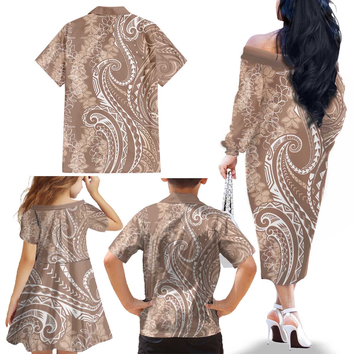 Polynesia Plumeria Lei Family Matching Off The Shoulder Long Sleeve Dress and Hawaiian Shirt Beige Curves Motif LT7 - Polynesian Pride