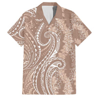 Polynesia Plumeria Lei Family Matching Off The Shoulder Long Sleeve Dress and Hawaiian Shirt Beige Curves Motif LT7 Dad's Shirt - Short Sleeve Beige - Polynesian Pride