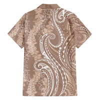 Polynesia Plumeria Lei Family Matching Off The Shoulder Long Sleeve Dress and Hawaiian Shirt Beige Curves Motif LT7 - Polynesian Pride