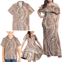 Polynesia Plumeria Lei Family Matching Off Shoulder Maxi Dress and Hawaiian Shirt Beige Curves Motif LT7 - Polynesian Pride