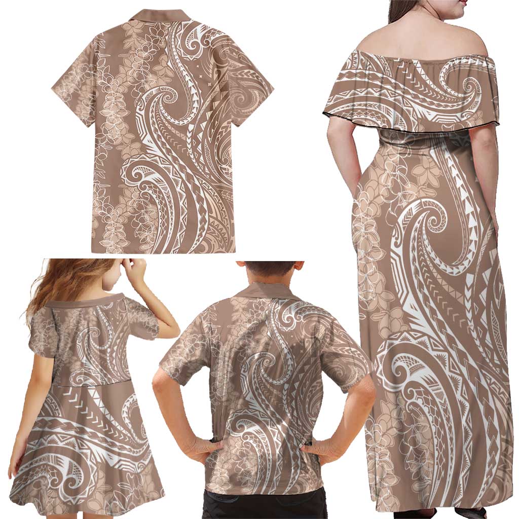 Polynesia Plumeria Lei Family Matching Off Shoulder Maxi Dress and Hawaiian Shirt Beige Curves Motif LT7 - Polynesian Pride