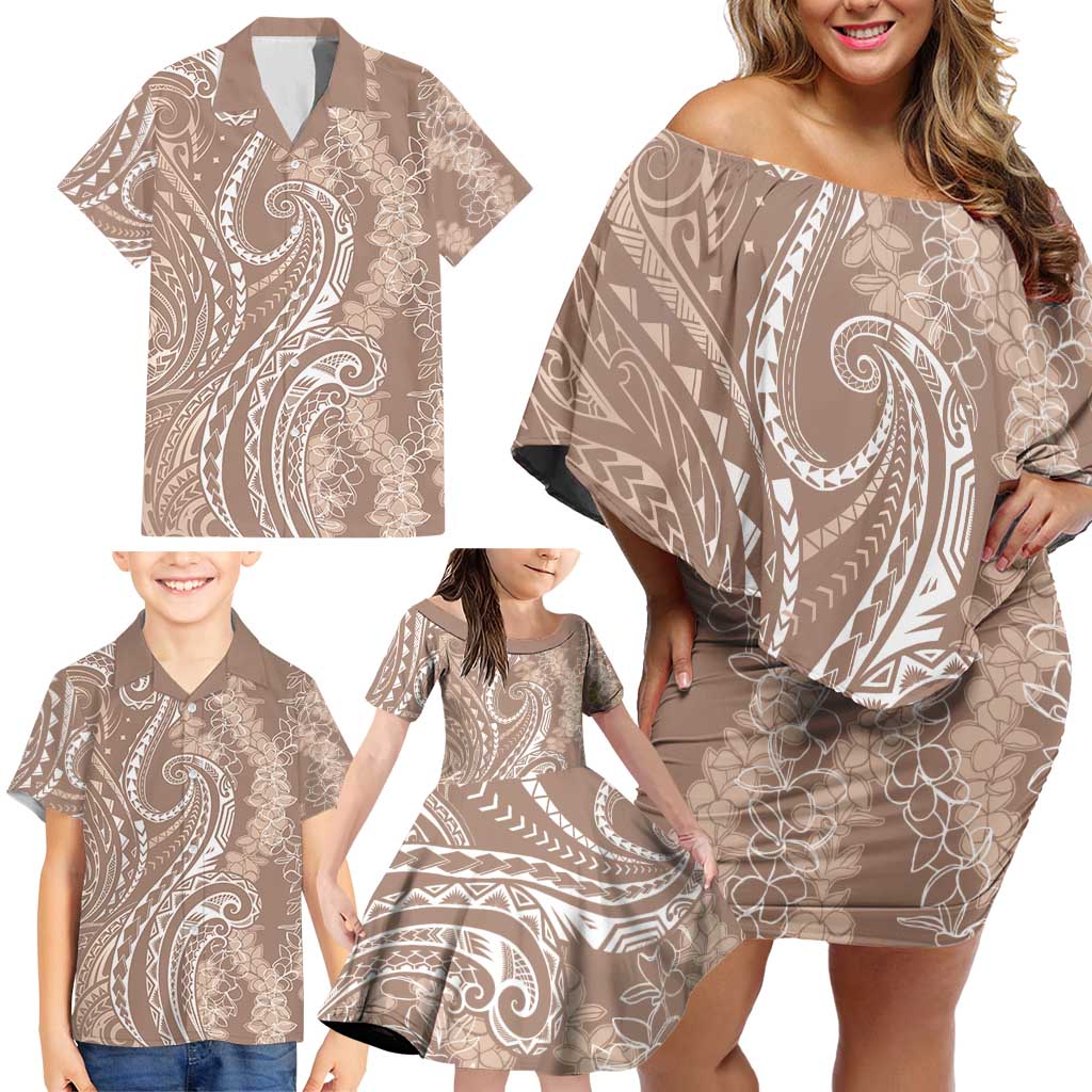 Polynesia Plumeria Lei Family Matching Off Shoulder Short Dress and Hawaiian Shirt Beige Curves Motif LT7 - Polynesian Pride