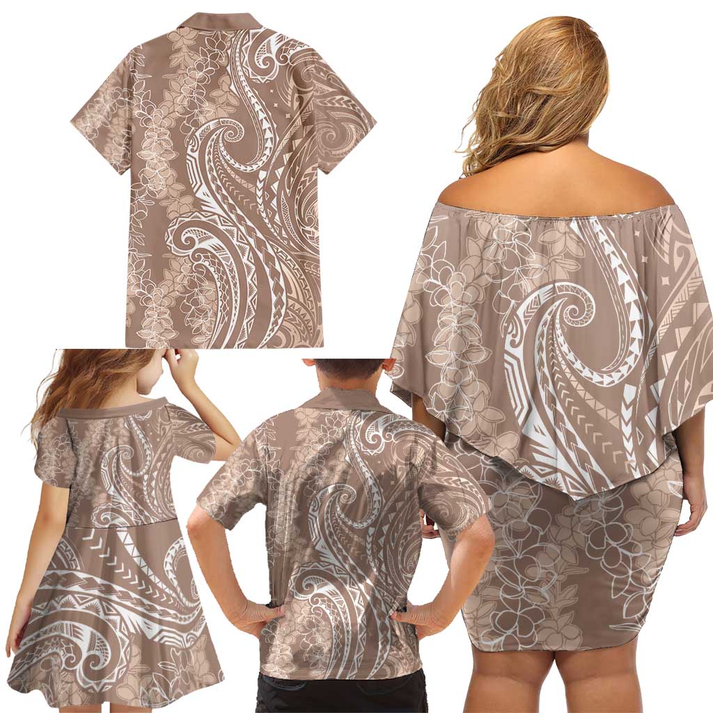 Polynesia Plumeria Lei Family Matching Off Shoulder Short Dress and Hawaiian Shirt Beige Curves Motif LT7 - Polynesian Pride