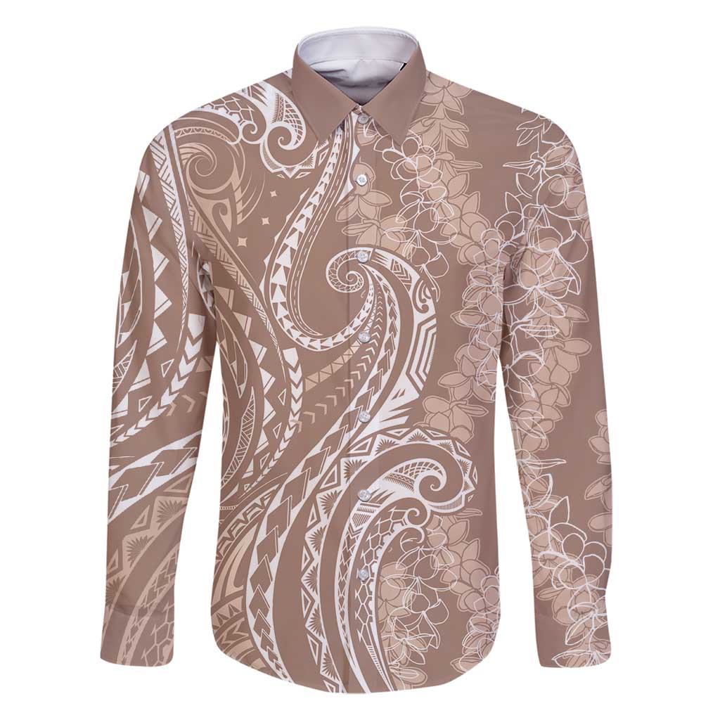 Polynesia Plumeria Lei Family Matching Off Shoulder Short Dress and Hawaiian Shirt Beige Curves Motif LT7 Dad's Shirt - Long Sleeve Beige - Polynesian Pride