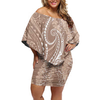 Polynesia Plumeria Lei Family Matching Off Shoulder Short Dress and Hawaiian Shirt Beige Curves Motif LT7 Mom's Dress Beige - Polynesian Pride