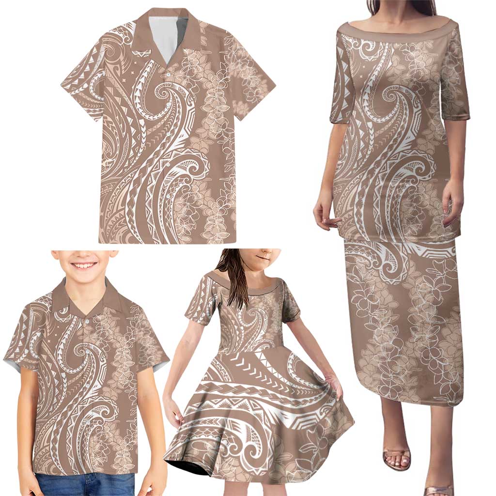 Polynesia Plumeria Lei Family Matching Puletasi and Hawaiian Shirt Beige Curves Motif
