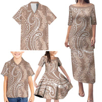 Polynesia Plumeria Lei Family Matching Puletasi and Hawaiian Shirt Beige Curves Motif