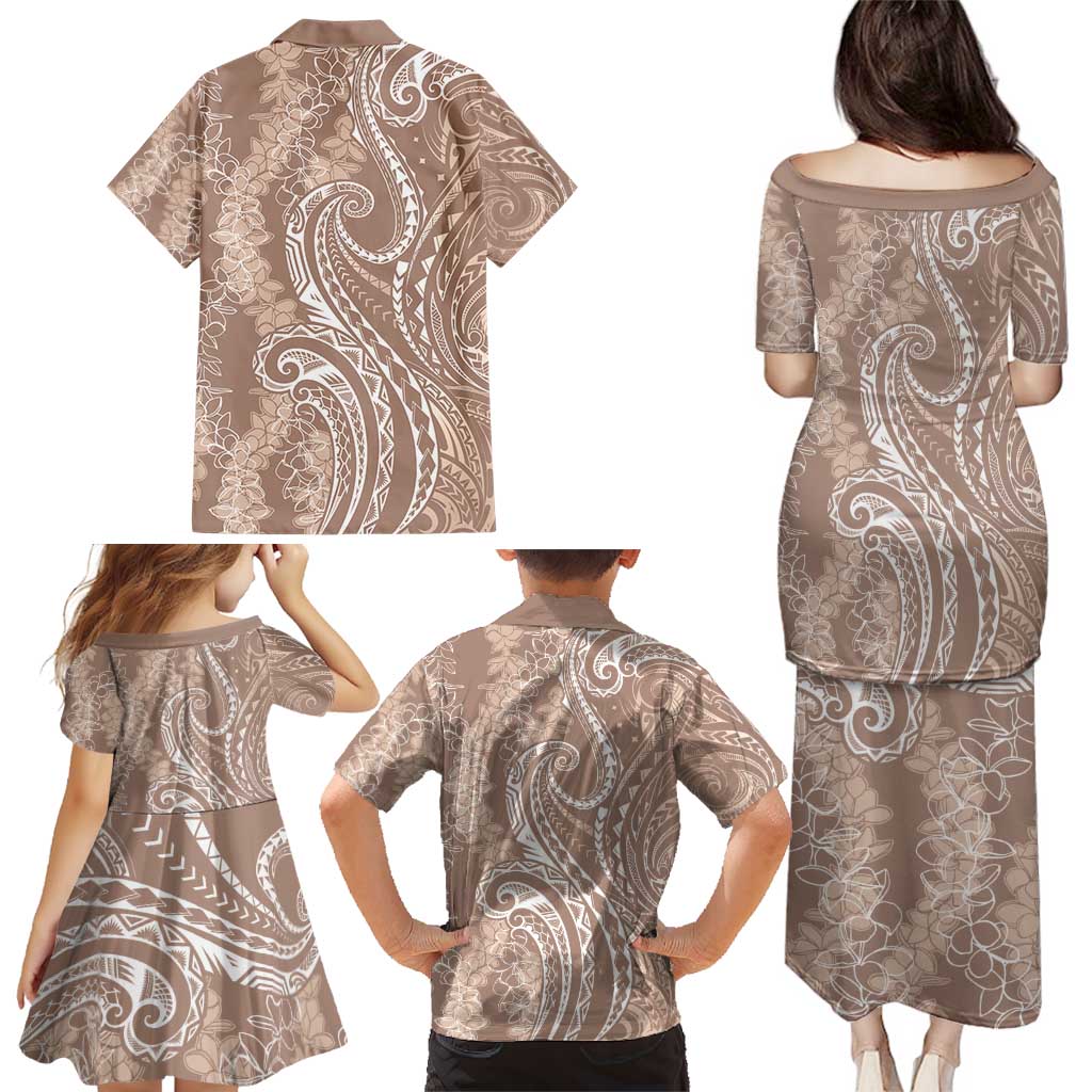 Polynesia Plumeria Lei Family Matching Puletasi and Hawaiian Shirt Beige Curves Motif