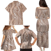 Polynesia Plumeria Lei Family Matching Puletasi and Hawaiian Shirt Beige Curves Motif