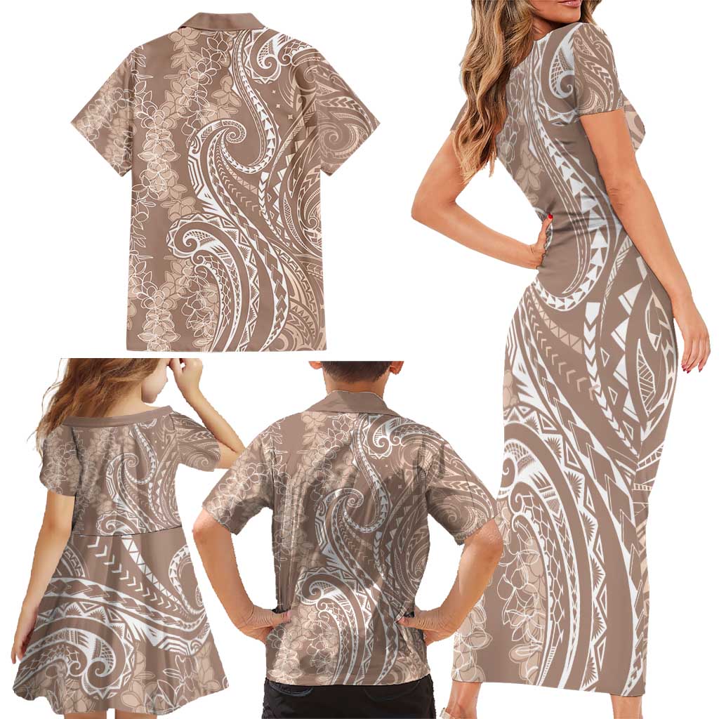 Polynesia Plumeria Lei Family Matching Short Sleeve Bodycon Dress and Hawaiian Shirt Beige Curves Motif LT7 - Polynesian Pride