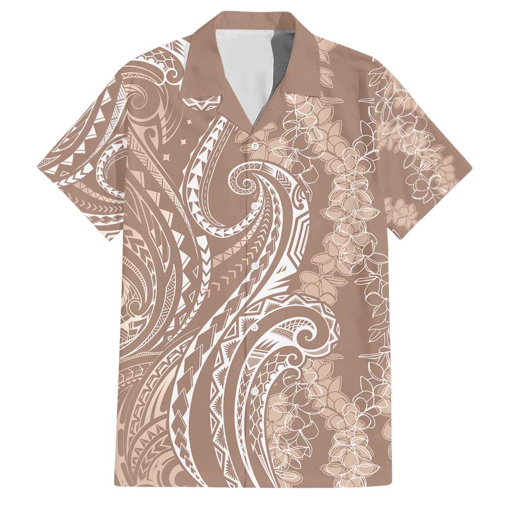 Polynesia Plumeria Lei Family Matching Short Sleeve Bodycon Dress and Hawaiian Shirt Beige Curves Motif LT7 Dad's Shirt - Short Sleeve Beige - Polynesian Pride