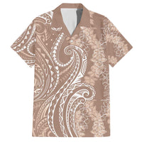 Polynesia Plumeria Lei Family Matching Short Sleeve Bodycon Dress and Hawaiian Shirt Beige Curves Motif LT7 Dad's Shirt - Short Sleeve Beige - Polynesian Pride