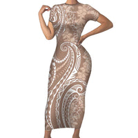 Polynesia Plumeria Lei Family Matching Short Sleeve Bodycon Dress and Hawaiian Shirt Beige Curves Motif LT7 Mom's Dress Beige - Polynesian Pride