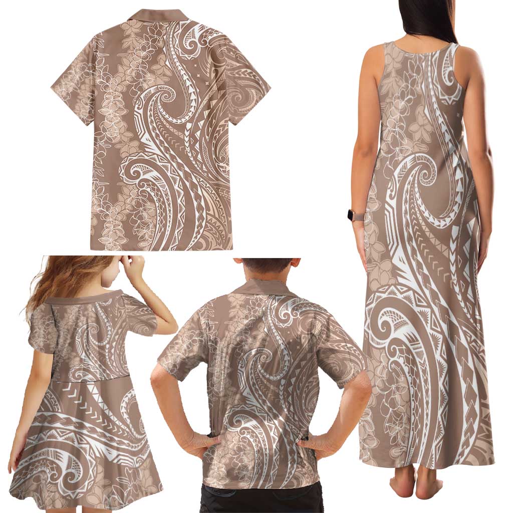 Polynesia Plumeria Lei Family Matching Tank Maxi Dress and Hawaiian Shirt Beige Curves Motif LT7 - Polynesian Pride