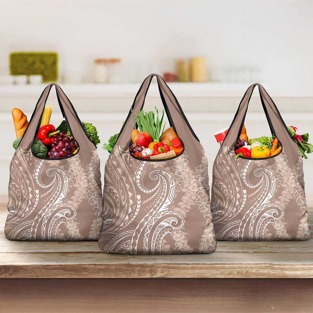 Polynesia Plumeria Lei Grocery Bag Beige Curves Motif