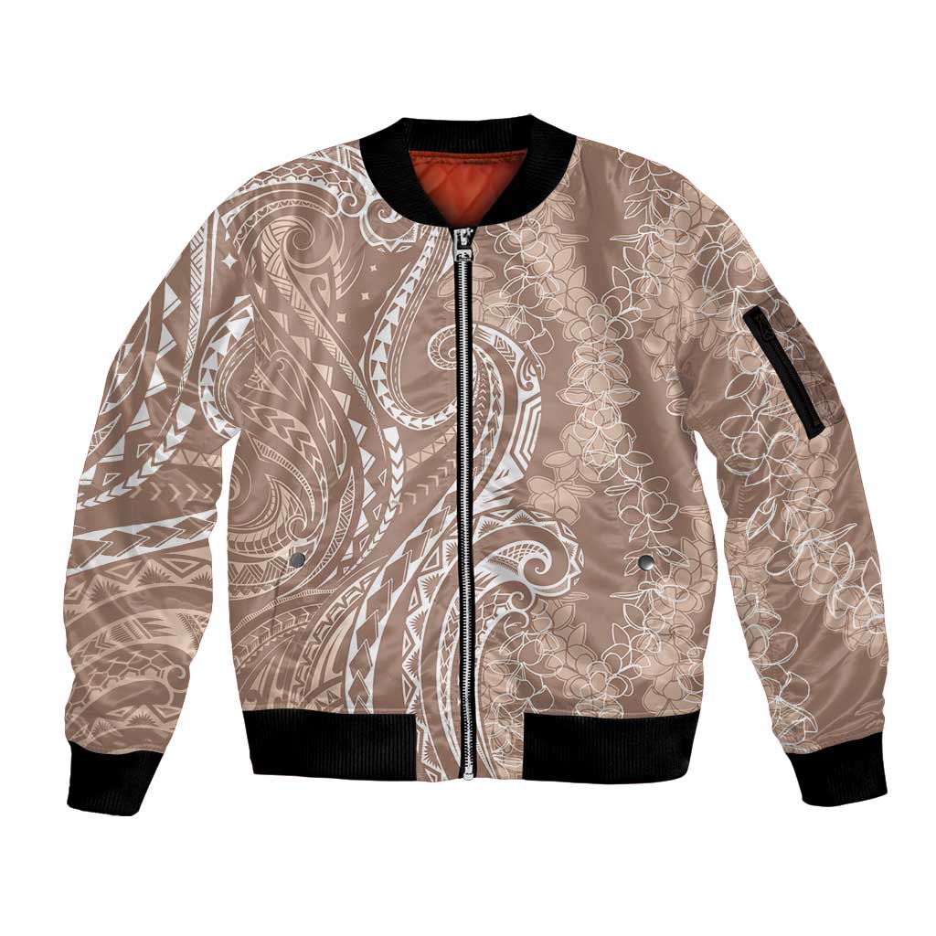 Polynesia Plumeria Lei Sleeve Zip Bomber Jacket Beige Curves Motif