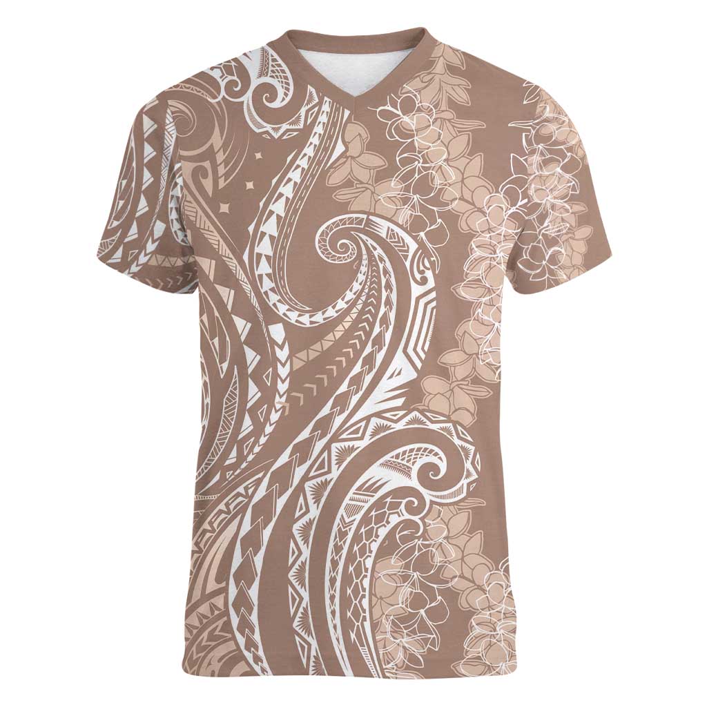 Polynesia Plumeria Lei Women V-Neck T-Shirt Beige Curves Motif